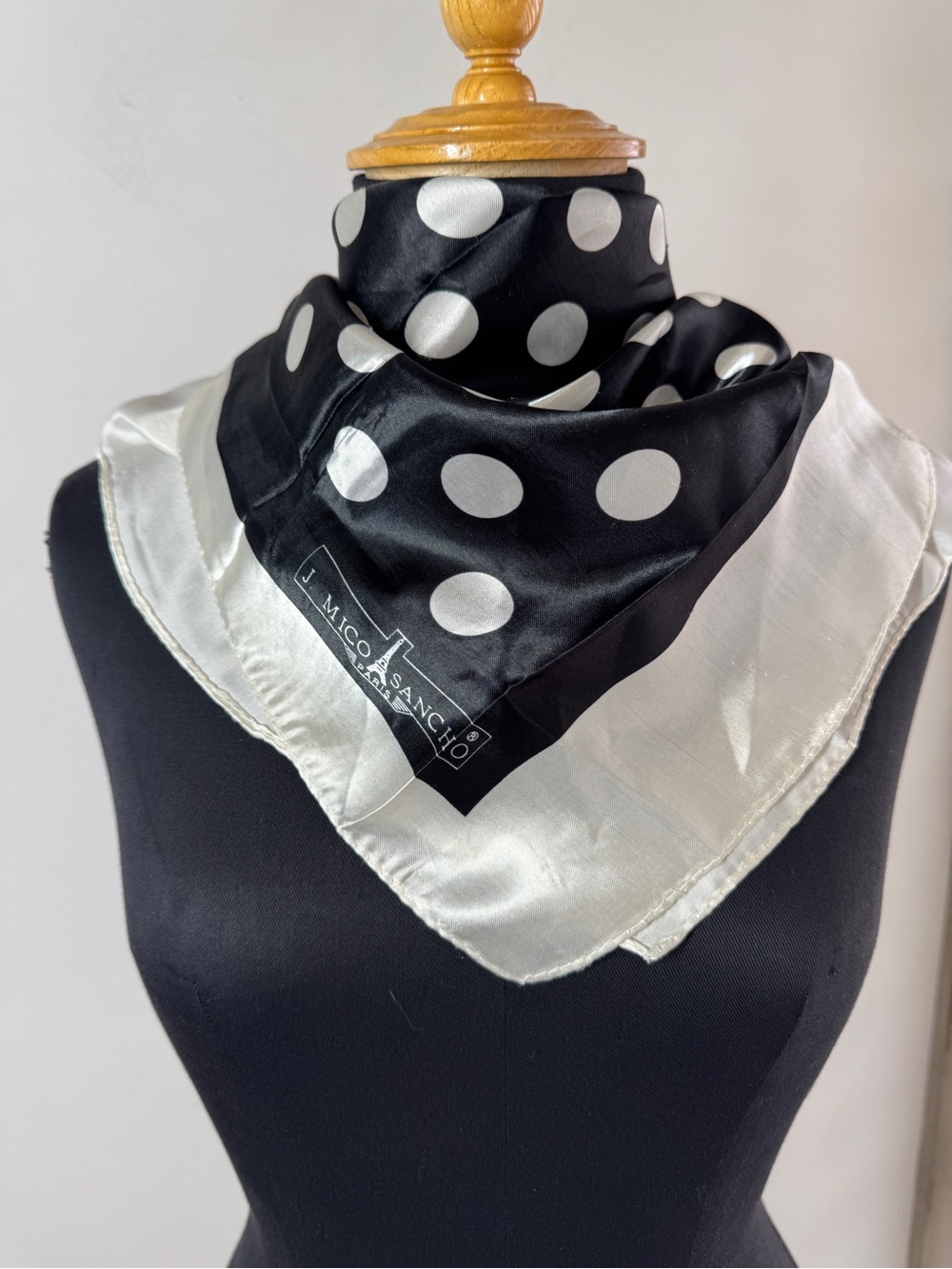 J. Mico Sancho Paris Polka Dot Silk Scarf Black White Square Vintage Chic - Picture 3 of 16